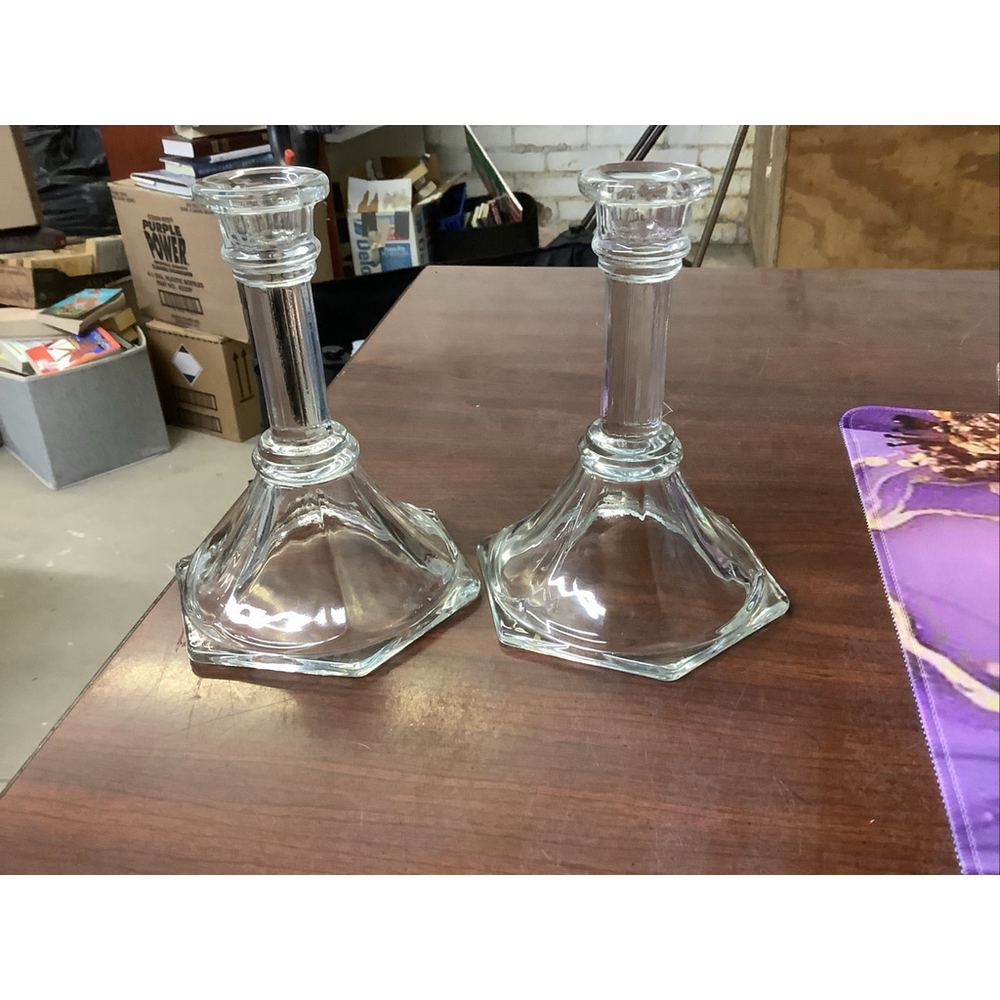 Pair Homco USA Crystal Clear Glass Taper Candle Holder Candlestick Vintage 6”